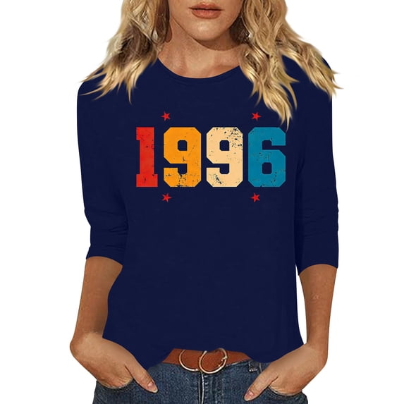 Vintage T Shirts For Women Crew Neck 3/4 Sleeve Print Pullover Tops Casual Stylish Comfy 1996 Graphic Tees (L, Blue)