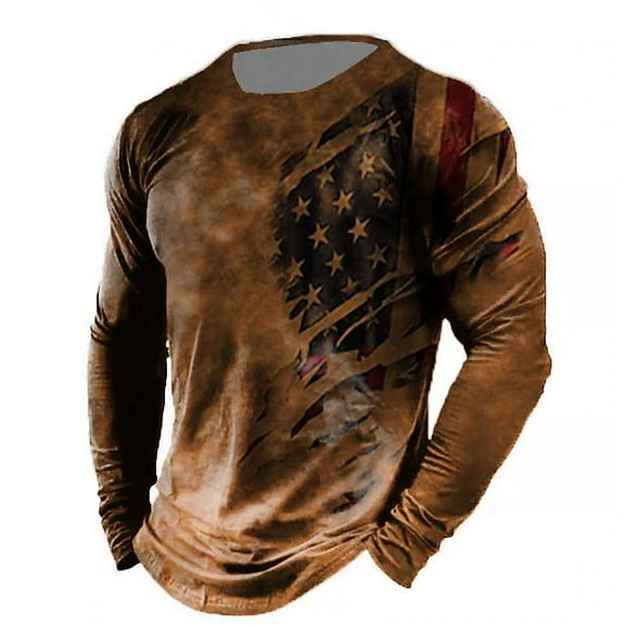 Vintage T-Shirts for Men 3D Printed Long Sleeve Tops Fashion USA Flag Pattern Loose Oversized Tee Shirt Men's Fall Clothing Brown XXL