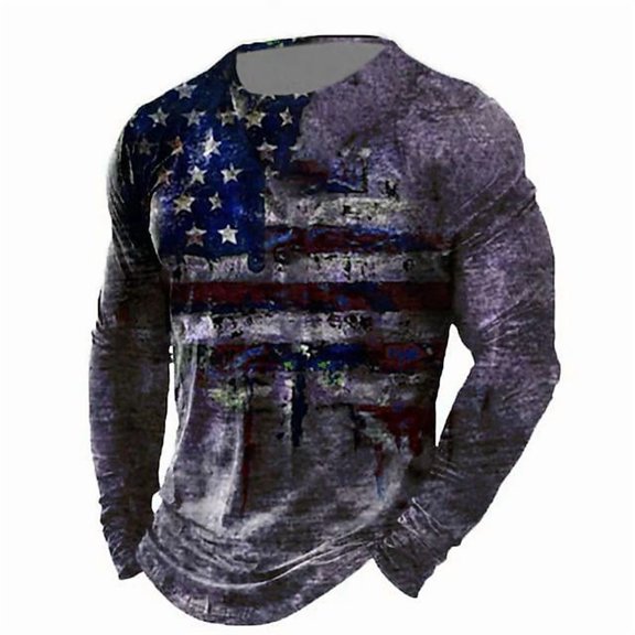 Vintage T-Shirts for Men 3D Printed Long Sleeve Tops Fashion USA Flag Pattern Loose Oversized Tee Shirt Men's Fall Clothing Purple 3XL