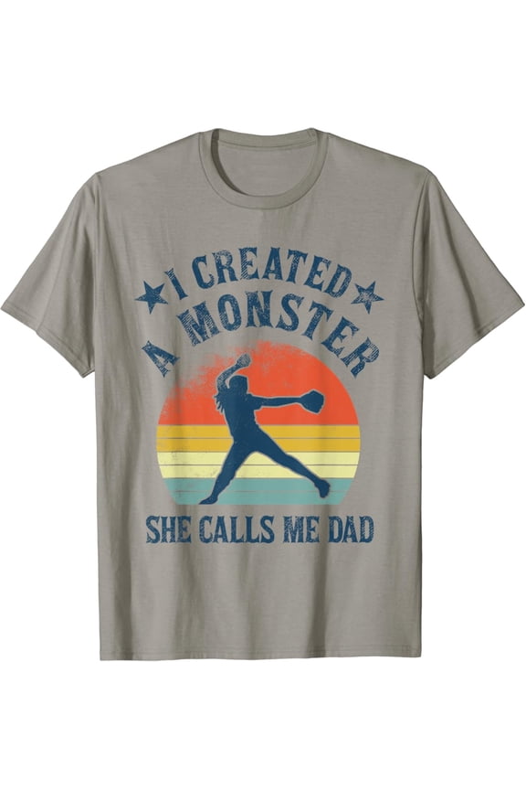 Vintage T-shirt Proud Softball Dad - I created a monster she calls me dad T-Shirt S-5XL - Trending Birrthday Tee Gifts Vintage Tee -Birthday Gifts