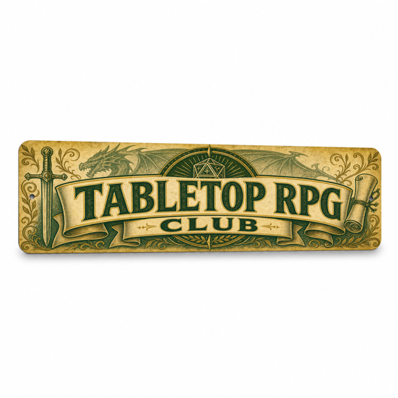 Vintage "TABLETOP RPG CLUB" Heritage Crest Metal Sign - 15"x5" Aluminum Tabletop RPG Wall Decor & Wall Art for Enthusiasts, Hobby Rooms & Gallery Walls