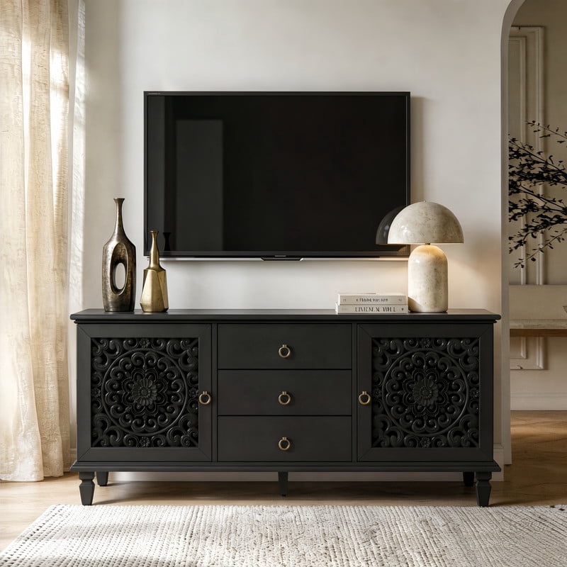 Vintage TV Stand with Carved Doors for 65'' TVs, Freestanding Storage Cabinet Media Console with Drawers & Adjustable Shelf