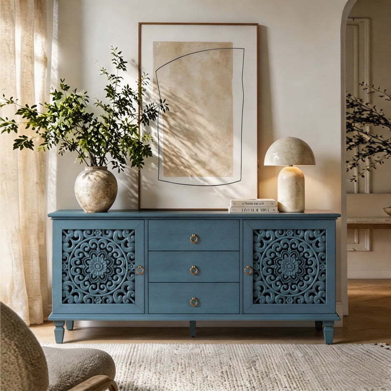 Vintage TV Stand with Carved Doors for 65'' TVs, Freestanding Storage Cabinet Media Console with Drawers & Adjustable Shelf