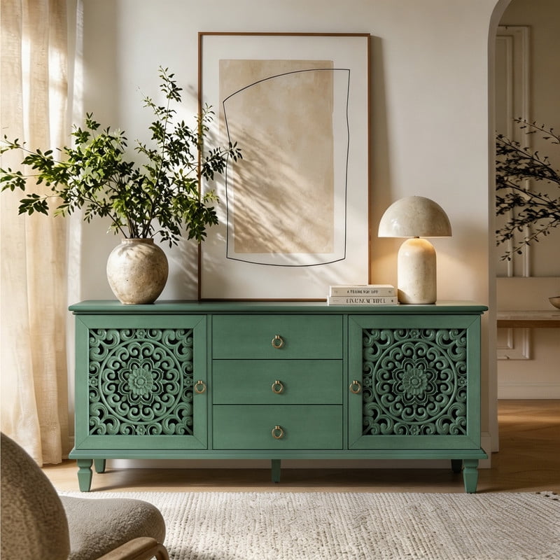 Vintage TV Stand with Carved Doors for 65'' TVs, Freestanding Storage Cabinet Media Console with Drawers & Adjustable Shelf