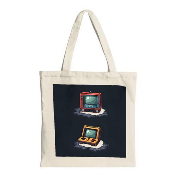 Vintage TV & gaming console design tote bag dark background with red & blue TVs and an orange console Perfect for shopping & travel