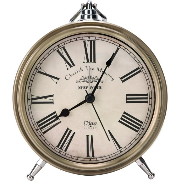 Vintage Table Clock on Stand, Super Silent Non Ticking Silvery Small Analog Alarm Clock,Battery Operated, Decorative Clock for Bedside/Desk/Shelf (Roma)