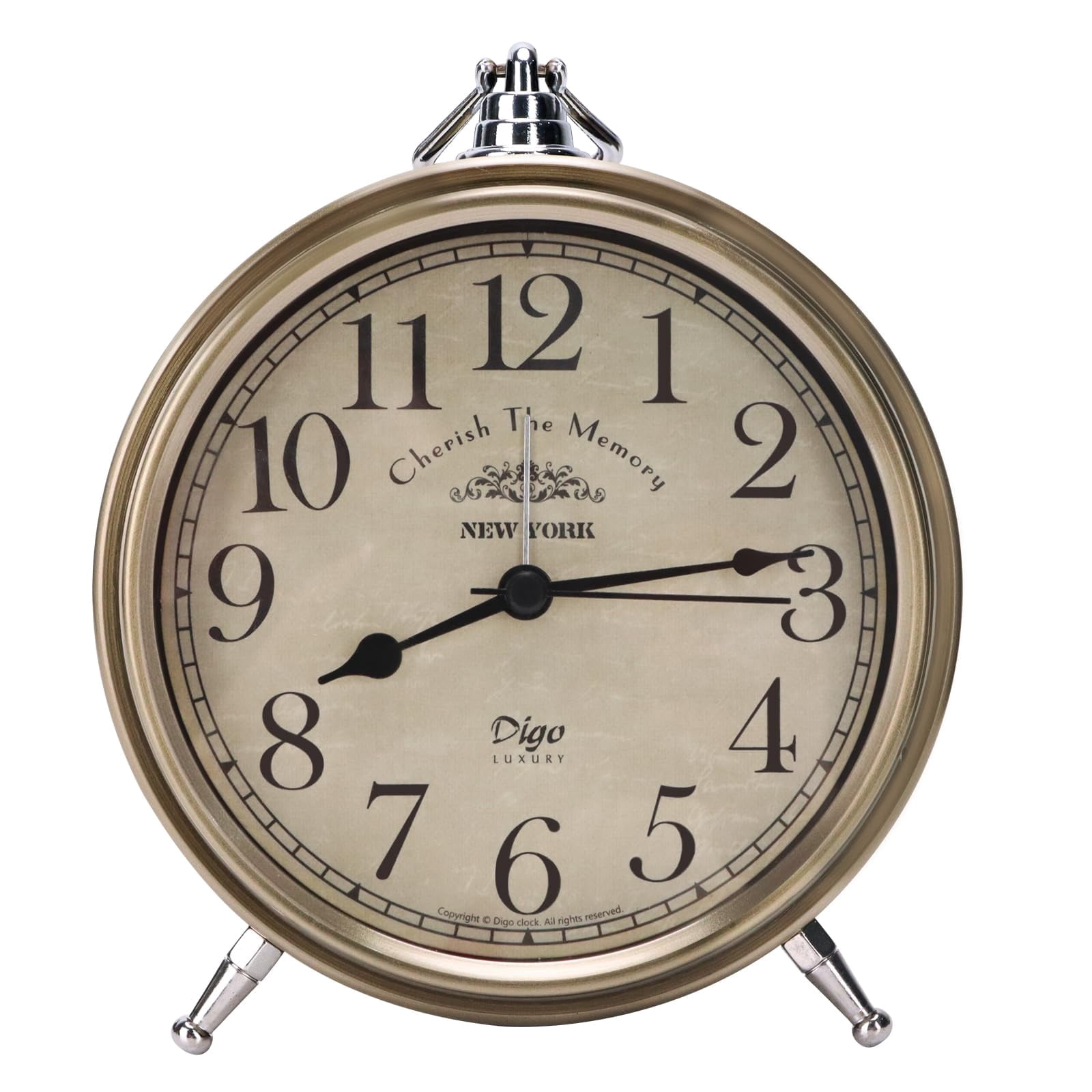 Vintage Table Clock on Stand, Super Silent Non Ticking Small Analog Alarm Clock, Battery Operated Silvery Decorative Clock for Bedside Desk Shelf