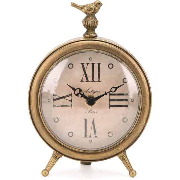 Vintage Table Clock with Bird, Decorative Desk Metal Table Clocks Rustic Mantel Clock Non-Ticking, Metal Frame with Antique Gold Finish