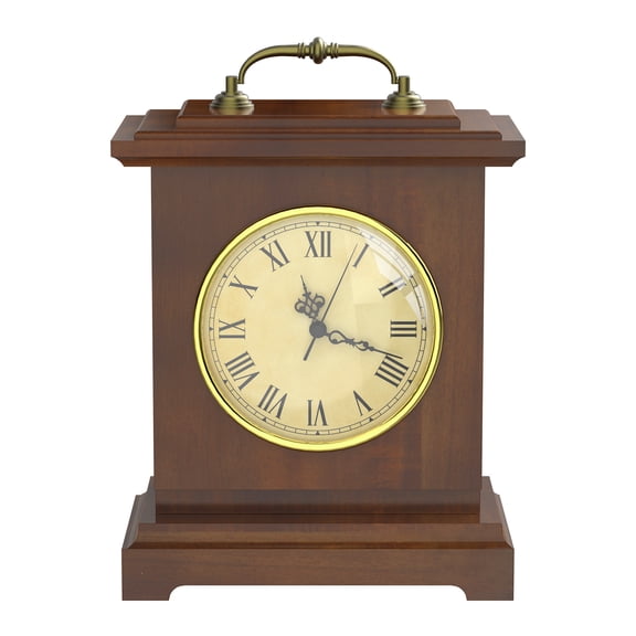 Vintage Table Mantel Clock with Metal Handle, Retro Roman Numeral Desk Clock Burgundy Brown