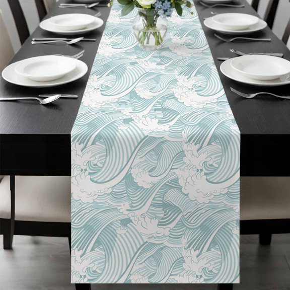 Vintage Table Runner, Green Ocean Waves Sea Illustration Washable Cotton-linen Table Runners Dining Kitchen Decoration for Everyday Home Wedding Party Decor, 13 x 36 Inch