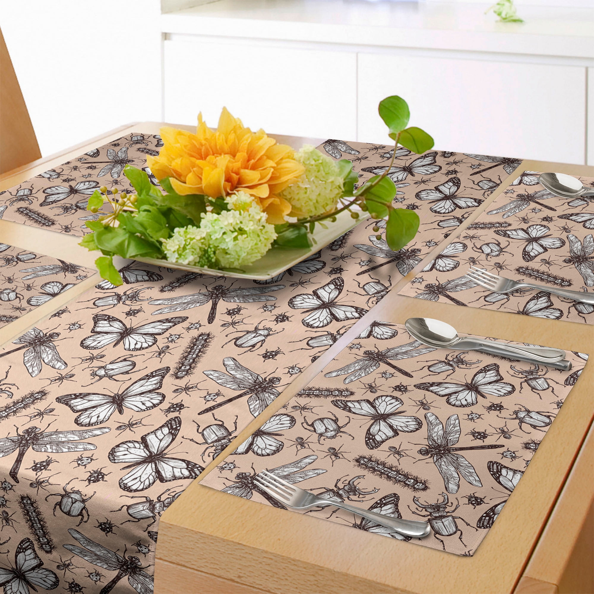 Vintage Table Runner & Placemats, Nostalgic Engraved Style Sketch