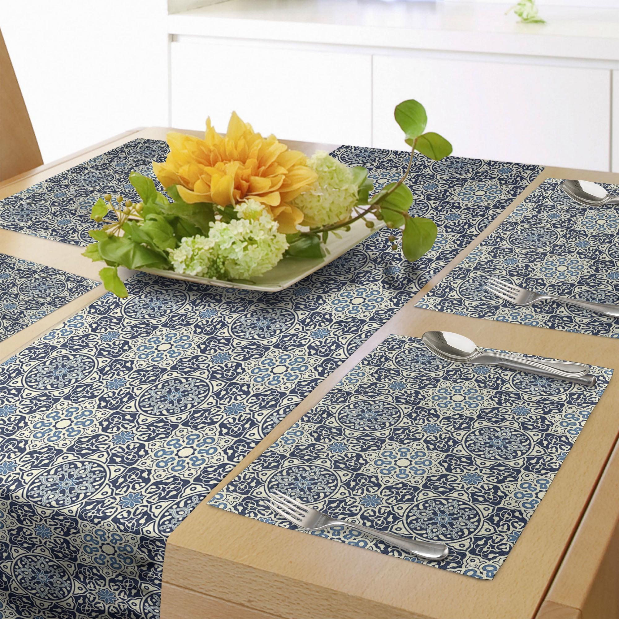 Vintage Table Runner & Placemats, Traditional Persian Flower Motifs with Influences Old