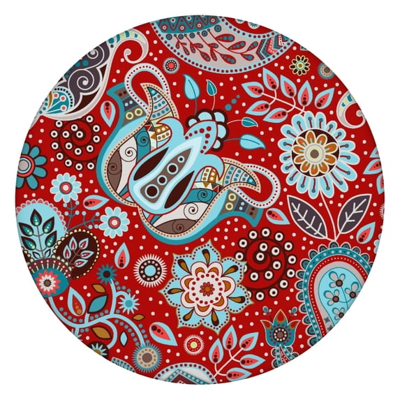 Vintage Tablecloth Retro Ethnic Floral Pattern Waterproof Round Cover with Elastic Fit and Back for Classic Decor