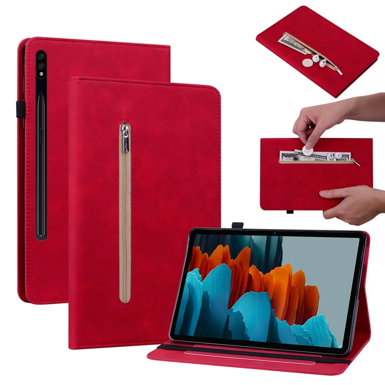 Vintage Tablet Case Compatible with Samsung Galaxy Tab S8 Plus/S7 Plus/S7  FE 12.4 inch, Quality PU Leather Stand Cover with [Multiple Viewing Angles]  [Zipper Pocket],Red