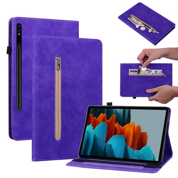 Vintage Tablet Case Compatible with Samsung Galaxy Tab S8 Plus/S7 Plus/S7 FE 12.4 inch, Quality PU Leather Stand Cover with [Multiple Viewing Angles] [Zipper Pocket],Purple