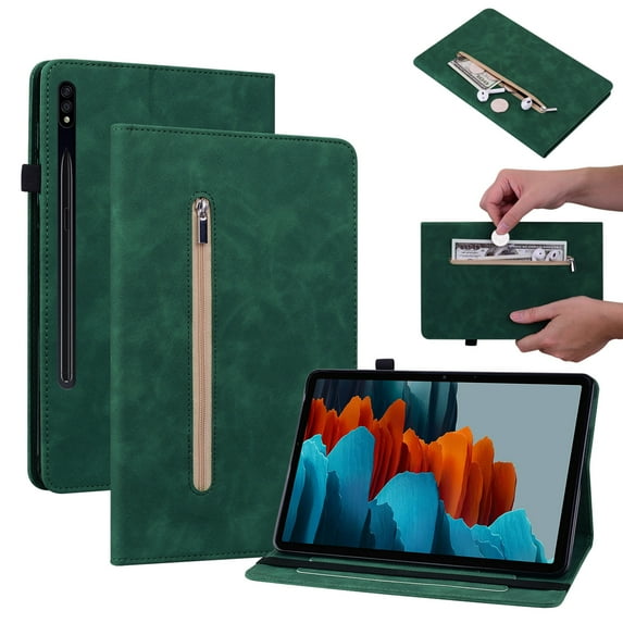 Vintage Tablet Case Compatible with Samsung Galaxy Tab S8 Plus/S7 Plus/S7 FE 12.4 inch, Quality PU Leather Stand Cover with [Multiple Viewing Angles] [Zipper Pocket],Green