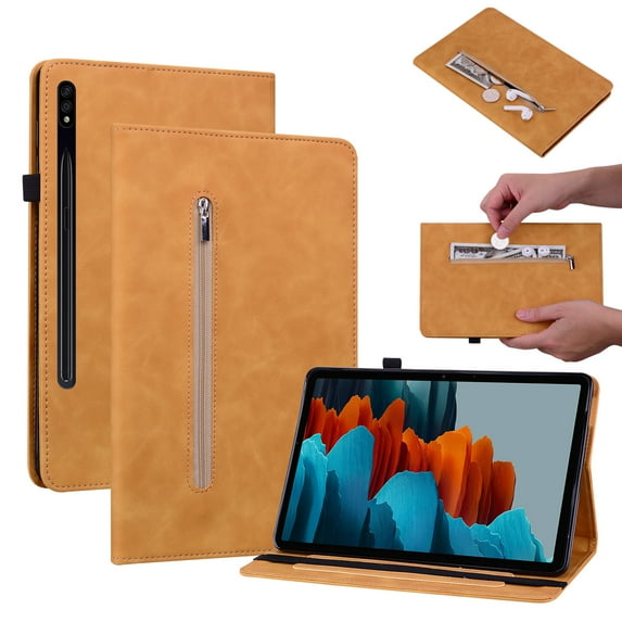 Vintage Tablet Case Compatible with Samsung Galaxy Tab S8 Plus/S7 Plus/S7 FE 12.4 inch, Quality PU Leather Stand Cover with [Multiple Viewing Angles] [Zipper Pocket],Yellow