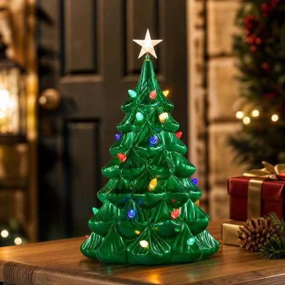 Vintage Tabletop Christmas Tree with Multi-Colored Lights and Star Topper - Nostalgic Holiday Decor Resin Construction for Desk Mantel Shelf Indoor Display Resin