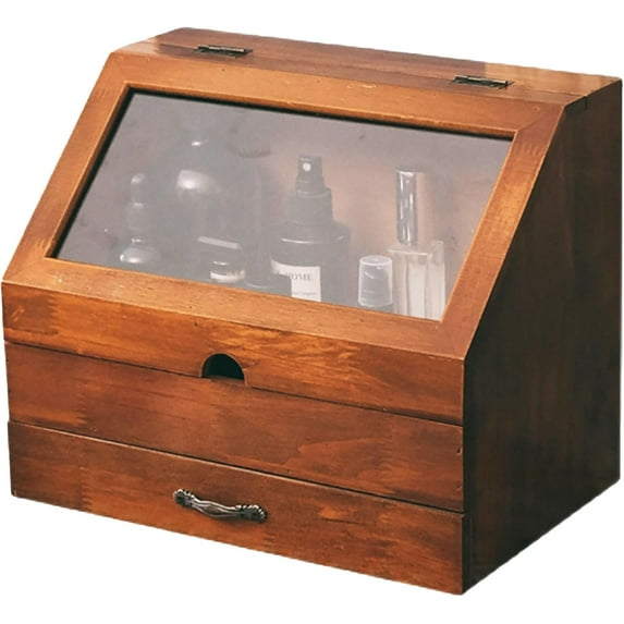 Vintage Tabletop Organizer with Glass Top Compartment -2-Tier Display Cabinet for Desk - Wooden Desktop Storage Box with Drawer and See-through Cabinet - Mahogany Brown Organizing Unit