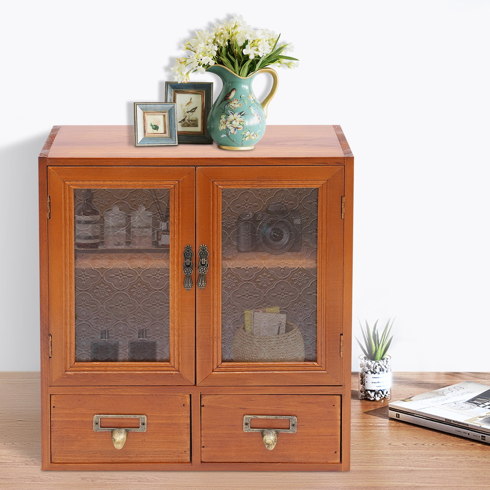 Vintage Tabletop Organizer W/2Drawer Wooden Storage Drawer Box 2-Tier Storage Cabinet for Kitchen Counter
