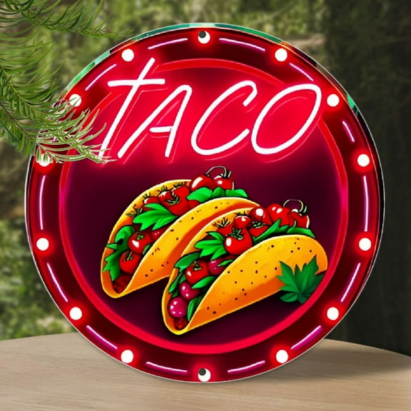 Vintage Taco Time Metal Sign - Retro Aluminum Round Wall Art with Neon Taco & Tomato Design, Perfect for Bars, Cafes, Beach Houses, Backyards, and Party Spaces, 7.8x7.8 Inches, Perfect for Room Decor