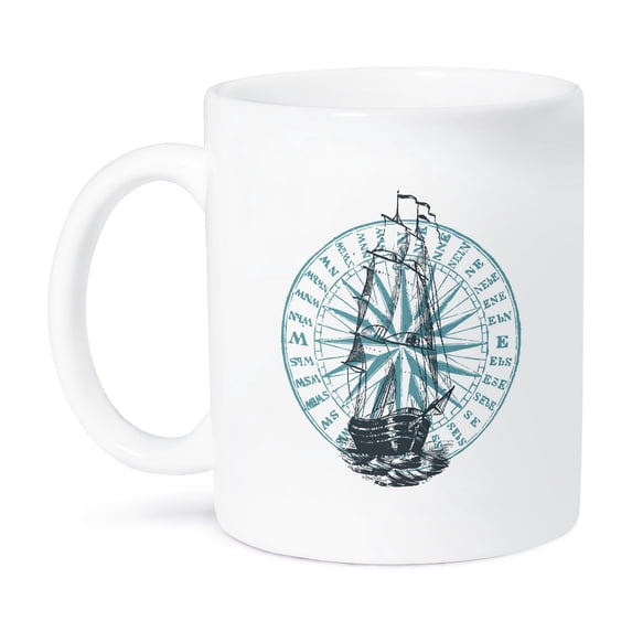 3dRose, Vintage Tall Ship and Compass Rose Design in Blue and White, 15oz Mug
