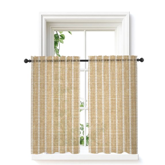 Vintage Tan Striped Curtains 45 Inch Length,Sheer Curtains for Bedroom Living Room Window Rustic Minimalist Vertical Stripes Rod Pocket Drapes Kitchen Curtains Small Half Window 42"x45" 2 Panels
