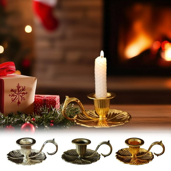 Vintage Taper Candle Holder Eleagnt Metal Candlestick Antique Brass Candle Stand with Carry Handle and Candle Drip Catcher Tray For Holiday Table Decor Christmas Thanksgiving Wedding
