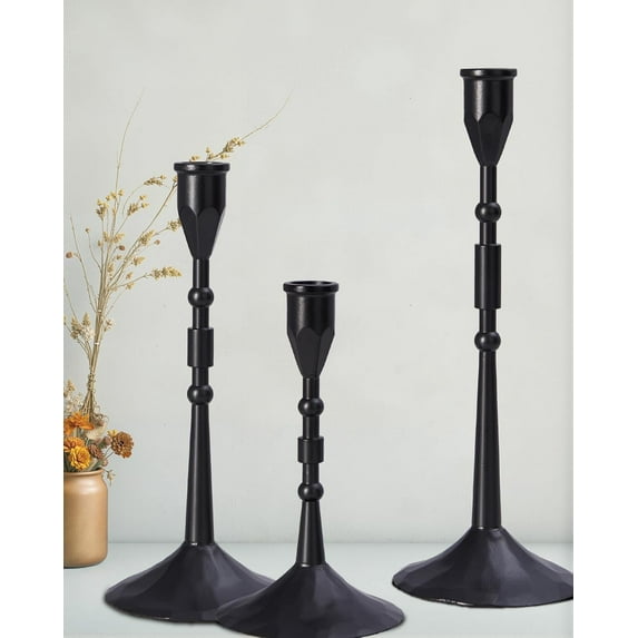 Vintage Taper Candle Holders Set | Handmade 3-Piece Candlestick Decor for Table Centerpiece, Farmhouse Kitchen & Party Lighting (Black)