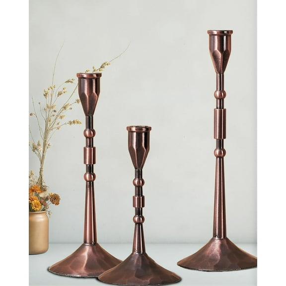 Vintage Taper Candle Holders Set | Handmade 3-Piece Candlestick Decor for Table Centerpiece, Farmhouse Kitchen & Party Lighting (Reddish Bronze)
