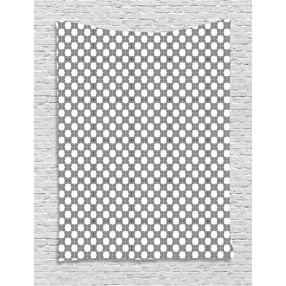 Vintage Tapestry, Ancient Tile Design from Indonesia Monochrome Mosaic of Curved Lines, Wall Hanging for Bedroom Living Room Dorm Decor, 60W X 80L Inches, Charcoal Grey and White, by Ambesonne