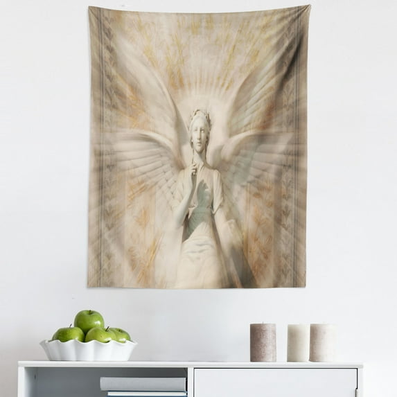 Vintage Tapestry, Angel Woman in Medieval Site Vintage Style Mythical Design, Fabric Wall Hanging Decor for Bedroom Living Room Dorm, 5 Sizes, Yellow White, by Ambesonne