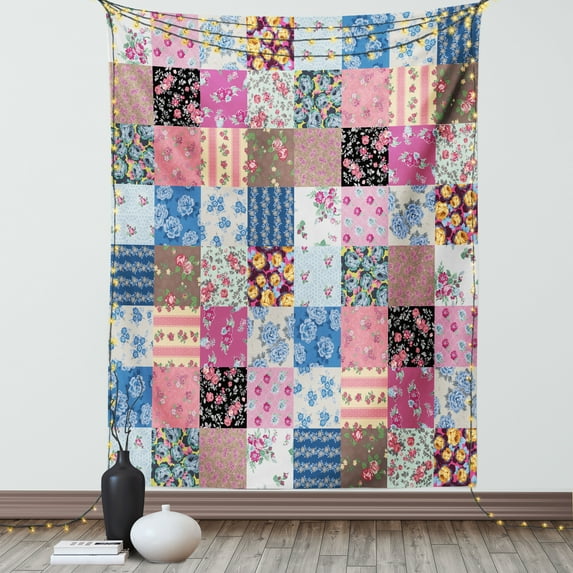 Vintage Tapestry, Geometric Checkered Squares with Blooming Flowers Spring Season Plant Arrangement, Wall Hanging for Bedroom Living Room Dorm Decor, 60W X 80L Inches, Multicolor, by Ambesonne