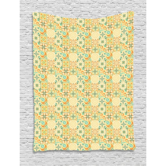 Vintage Tapestry, Italian Style Checkered Pattern with Floral Motifs Traditional Antique Art Design, Wall Hanging for Bedroom Living Room Dorm Decor, 60W X 80L Inches, Multicolor, by Ambesonne