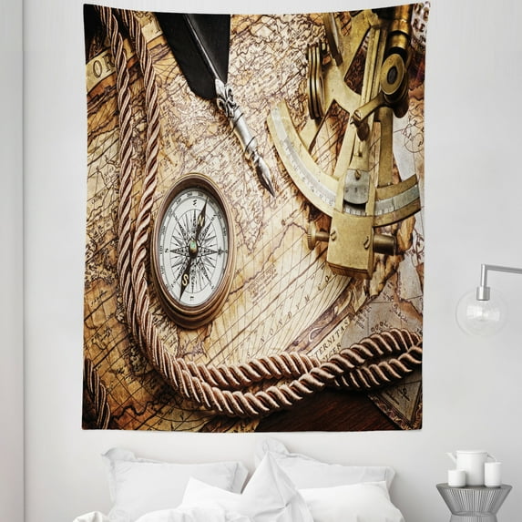 Vintage Tapestry, Vintage Navigation Voyage Theme Lifestyle Image with Sextant and Compass Discovery Tools, Fabric Wall Hanging Decor for Bedroom Living Room Dorm, 5 Sizes, Cream, by Ambesonne