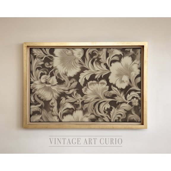 Vintage Tapestry, Neutral Botanical Pattern Wall Decor, Antique Textile Art Print, Vintage Unframed Paper Print