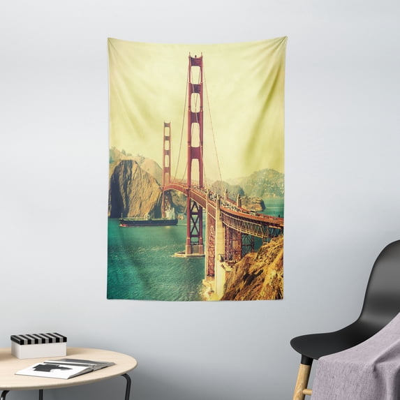 Vintage Tapestry, Old Film Featured Golden Gate Bridge Suspension Urban Path Construction Scenery, Wall Hanging for Bedroom Living Room Dorm Decor, 40W X 60L Inches, Blue Brown, by Ambesonne