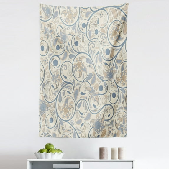 Vintage Tapestry, Oriental Scroll with Swirling Leaves with Eastern Design Inspirations, Fabric Wall Hanging Decor for Bedroom Living Room Dorm, 5 Sizes, Slate Blue Beige Tan, by Ambesonne
