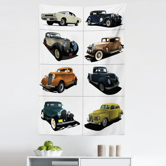 Vintage Tapestry, Rare Fifties Vintage Vehicle Closed Roof Tops Original Timeless Automobile Graphic, Fabric Wall Hanging Decor for Bedroom Living Room Dorm, 5 Sizes, Multicolor, by Ambesonne
