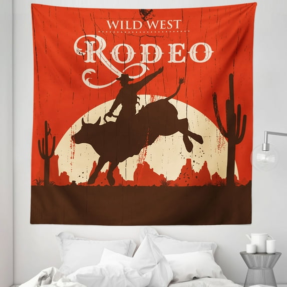 Vintage Tapestry, Rodeo Cowboy Riding Bull Wooden Old Sign Western Style Wilderness at Sunset Image, Fabric Wall Hanging Decor for Bedroom Living Room Dorm, 5 Sizes, Orange Brown, by Ambesonne