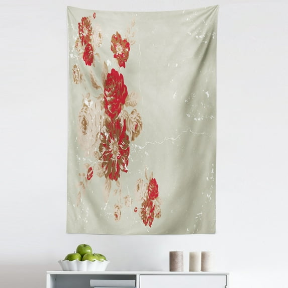 Vintage Tapestry, Vintage Style Rose Print on Marble Pattern Floral Antique Design Garden Plants, Fabric Wall Hanging Decor for Bedroom Living Room Dorm, 5 Sizes, Beige Cream Red, by Ambesonne