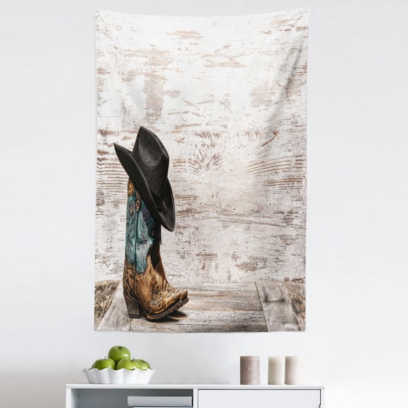 Vintage Tapestry, Traditional Rodeo Cowboy Hat and Cowgirl Boots Retro Grunge Background Art, Fabric Wall Hanging Decor for Bedroom Living Room Dorm, 5 Sizes, Black Brown, by Ambesonne
