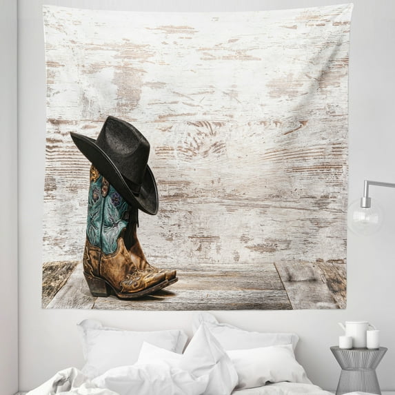 Vintage Tapestry, Traditional Rodeo Cowboy Hat and Cowgirl Boots Retro Grunge Background Art, Fabric Wall Hanging Decor for Bedroom Living Room Dorm, 5 Sizes, Black Brown, by Ambesonne