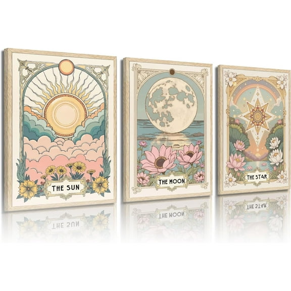 Vintage Tarot Astrology Wall Art Sun and Moon star Wall Decor Pictures Celestial Canvas Posters Prints for Living Room Bedroom Kitchen Office Cafe Bar Dormitory Hallway Home（Only canvas）