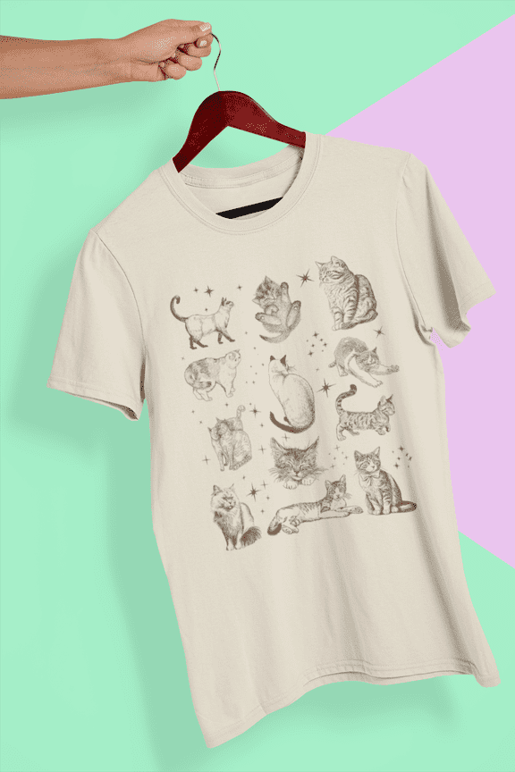 Vintage Tattoo Cat T-Shirt Light Tan Graphic Tee Unisex Short Sleeve Soft Cotton Casual Shirt