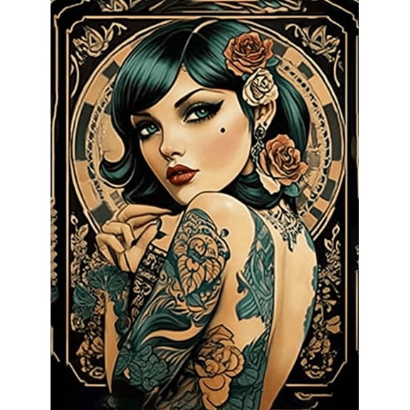 Vintage Tattoo Girl Canvas Painting/Wall ArtSuitable for Living RoomBedroomBathroomOfficeand Dining Room Decoration.