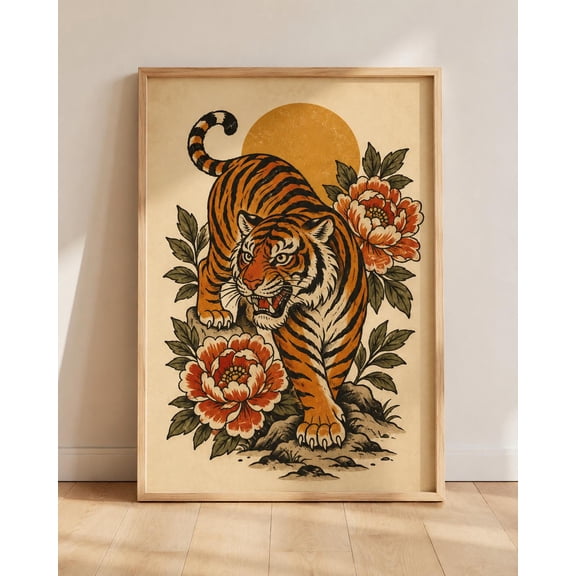 Vintage Tattoo Tiger Poster Traditional Flash Print Japanese Animal Decor Old School Ink Artwork Retro Roaring Tiger Wall Art