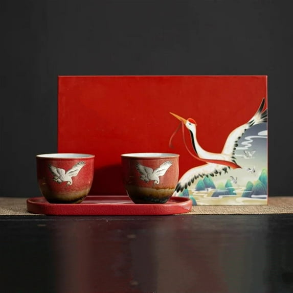 Vintage Tea Cup Set Ceramic Teacup With Tray Kung Fu Tea Set Couple Cup Set Hand-painted Koi Carp Kiln Transformation Tea Cup