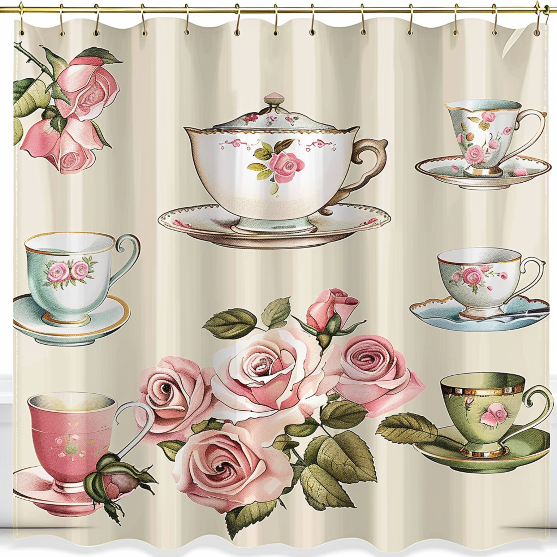 Vintage Tea Cup and Rose Print Shower Curtain Elegant design featuring