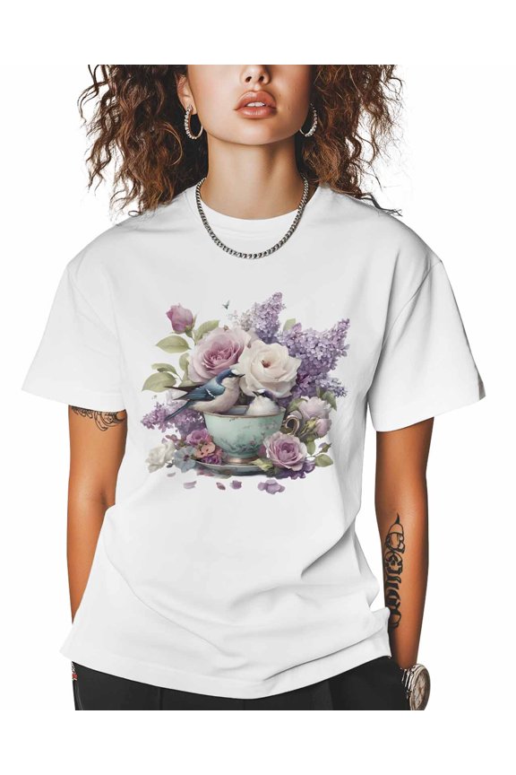 Vintage Tea Cups T Shirts for Women Short Sleeve Cotton Crewneck T-Shirt Pink Rose Purple Flower Bird Leaf Tee Tops Casual Basic T-Shirts, XS-5XL White XS